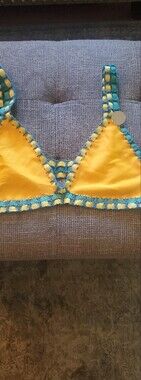 Yellow Swim Top with Teal Crochet Woven Trim Forever 21 New Xl